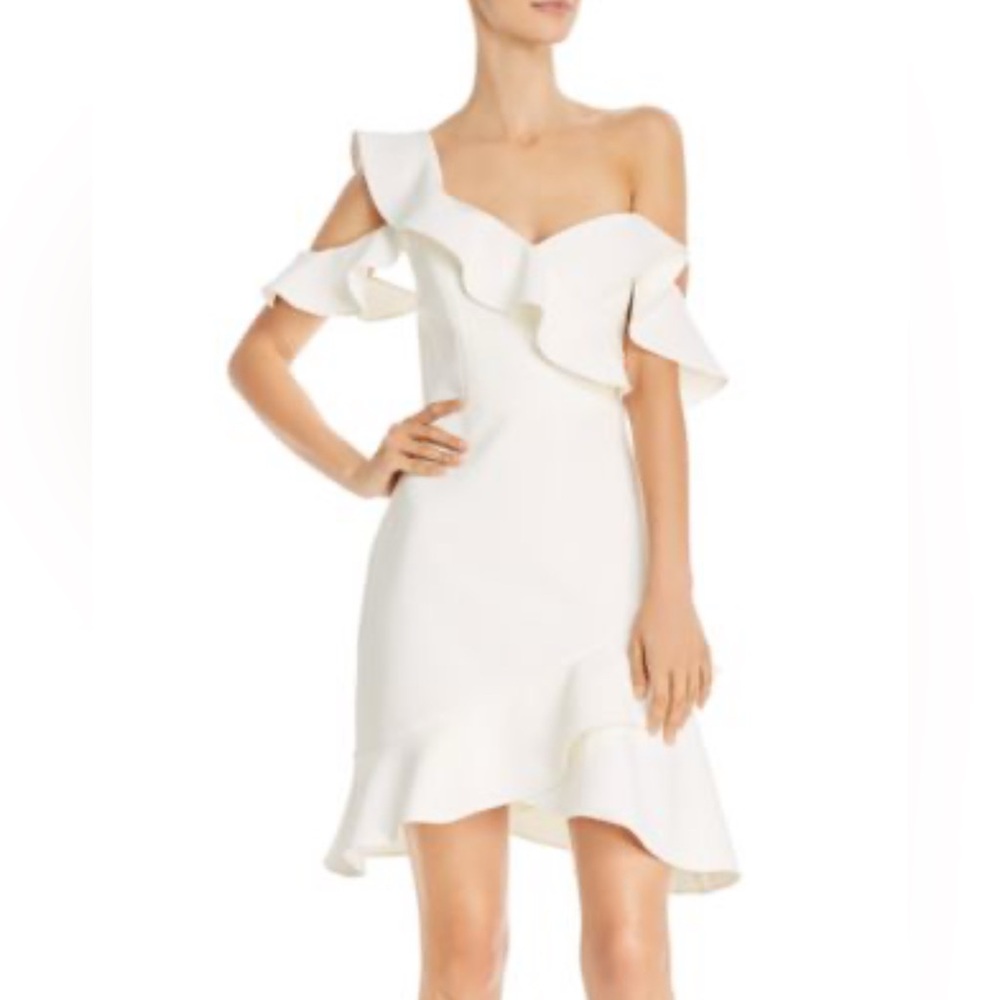 BCBGMAXAZRIA Women's White Malik One Shoulder Ruffle Mini Dress Size 4 $268 nwot